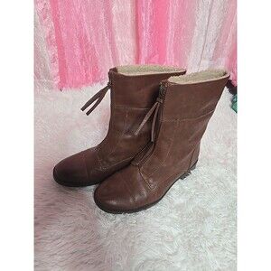 Bass Brown Leather Front Zip Sherpa Lined Boots Size 9.5